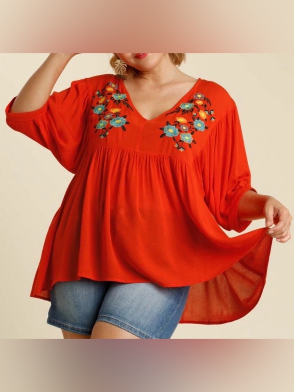 Umgee Embroidered floral Red babydoll Top - Size Small